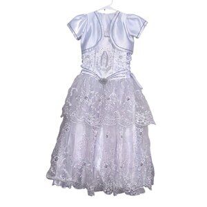 Girls White First Communion Dress With Bolero & Embroidered Virgin Mary Design S